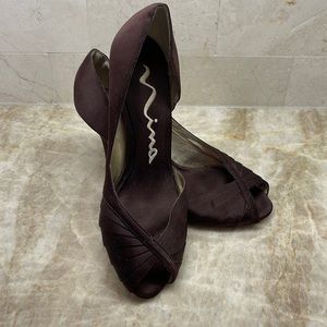 Brown Satin Nina Peep toe heels. Worn three times.